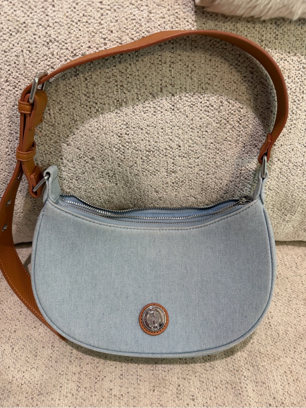 House of Harlow Light Blue Denim Shoulder Bag with Tan Strap
